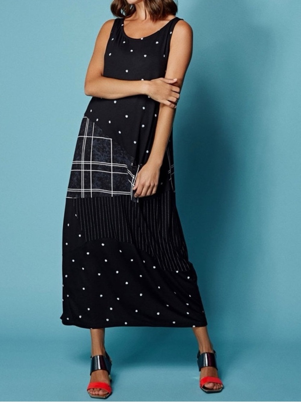 Alembika Patchwork Maxi Dress Sz Medium Black White Plaid Dot (Alembika Size 2)